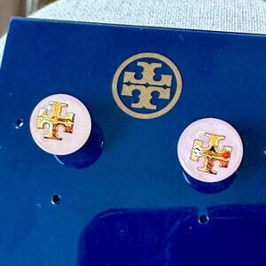 Tory Burch - Pink Quartz Evie Logo Stud Earrings, NWT, pierced